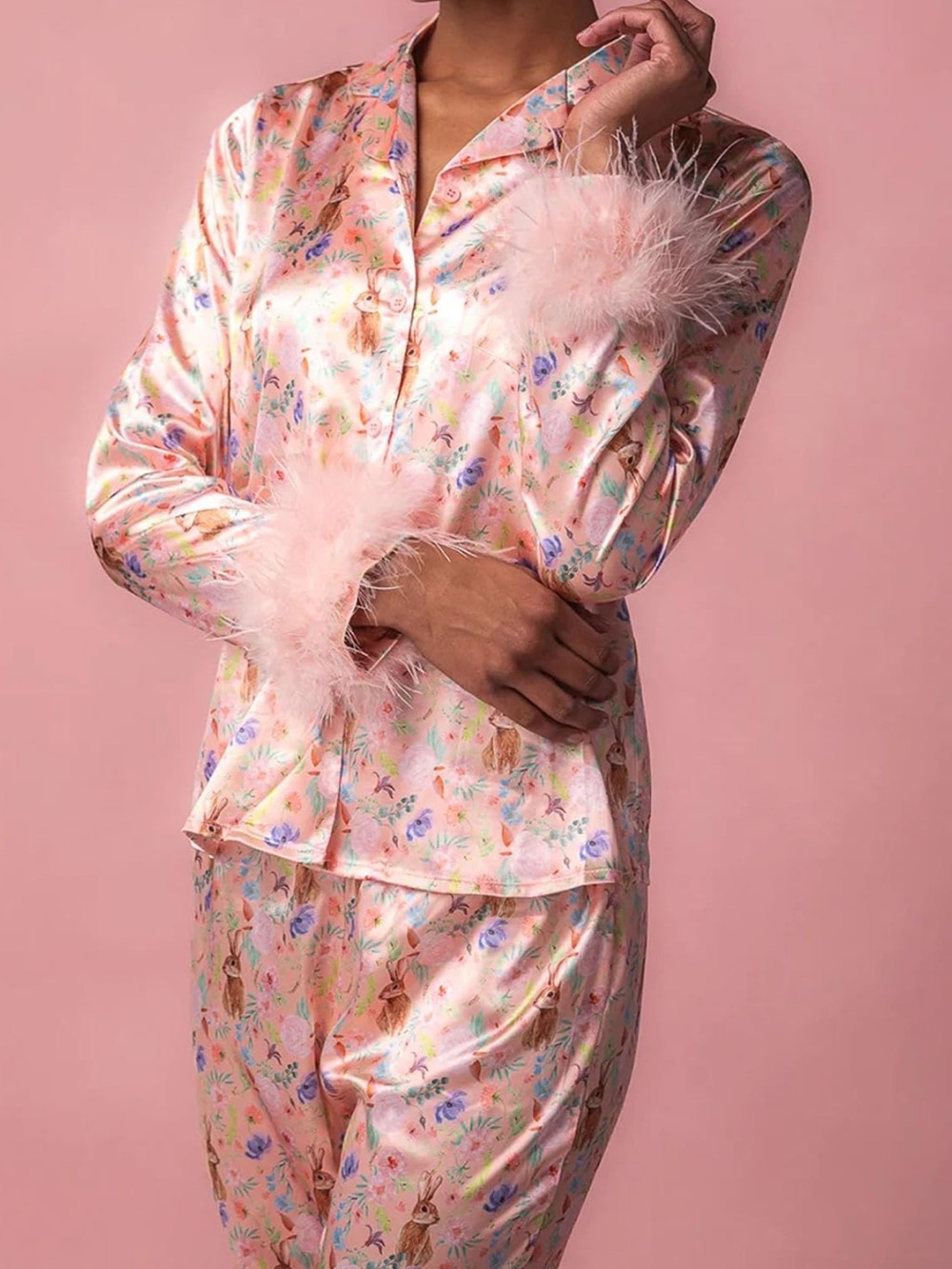 NWT Ivy City Co Bella Bunny Pajamas with Feathers Set Pink Floral Silk Satin 2X
